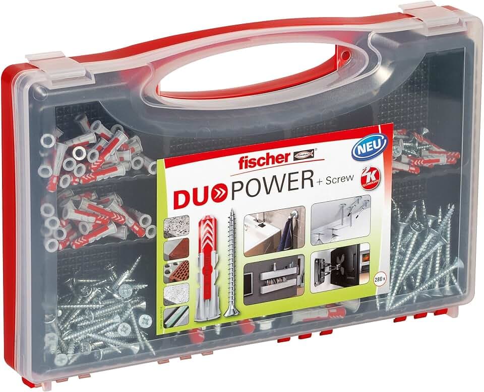 fischer Red-Box DuoPower + Schraube, Sortimentsbox, 280-teilig mit Schrauben & DuoPower Dübeln in verschiedenen Größen, vorsortiertes Set für zahlreiche Baustoffe und Befestigungen