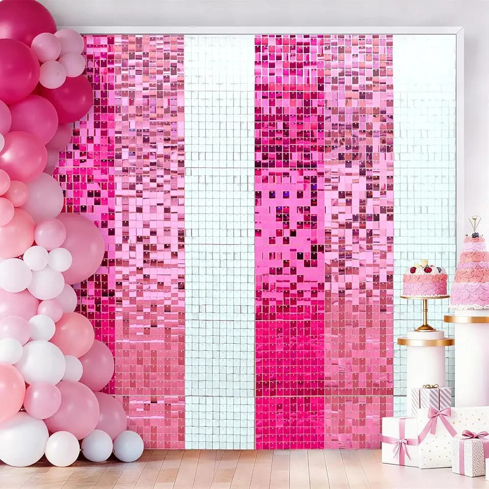 Bupelo Pink and White Shimmer Wall Backdrop, 24 PCS Pink Kawaii Birthday Decorations Square Sequin Glitter Backdrop Panels, Photo Backdrops for Birthday Party Background, House Doorway Room Decor