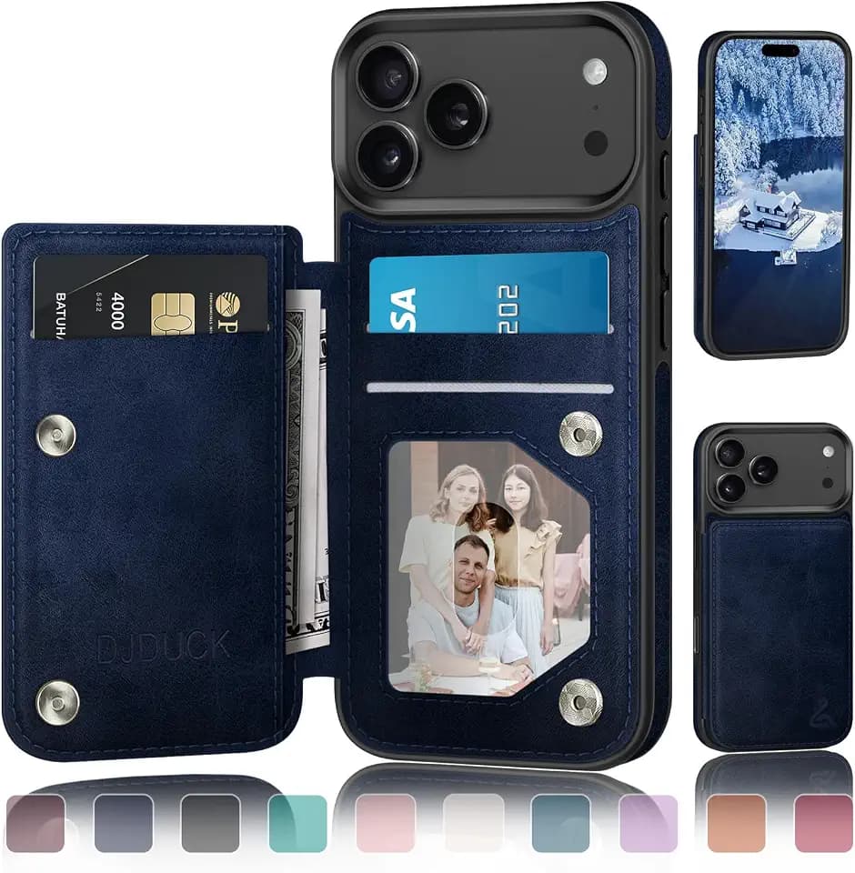 DJDUCK Designed for iPhone 17 Pro Case Wallet with Card Holder, [Magnetic Clasp Cover] [RFID Blocking Leather Protection] Shockproof Women Men Cases 6.3 Inch for Apple 17 Pro Dark Blue