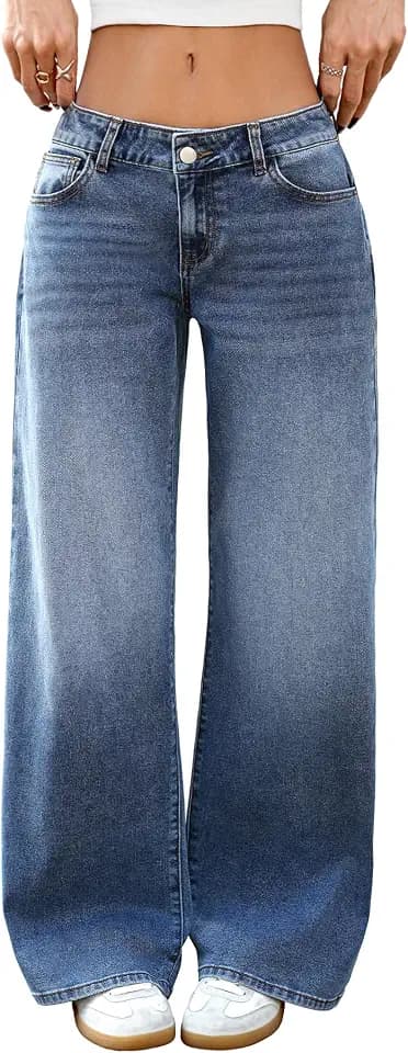 ELLEVEN Low-Rise Baggy Jeans for Women Y2k Wide Leg Loose Denim Pants High Stretchy Boyfriend Long Cute Jeans Blue 8