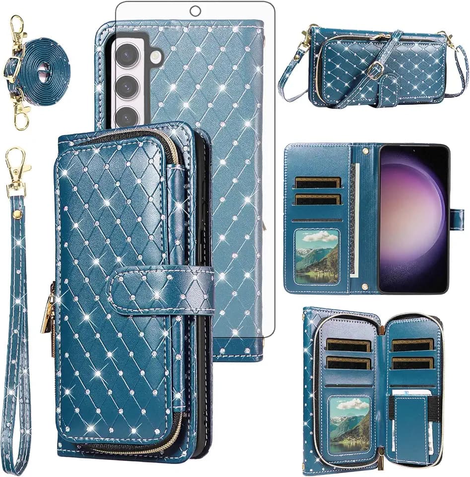 Phone Cover for Samsung Galaxy S23 Plus S23+ 5G Wallet Case Cell Zipper with Tempered Glass Screen Protector Strap Glitter Card Holder S23plus 23S + S 23 23+ SM-S916U 6.6 inch Women Men Dark Green