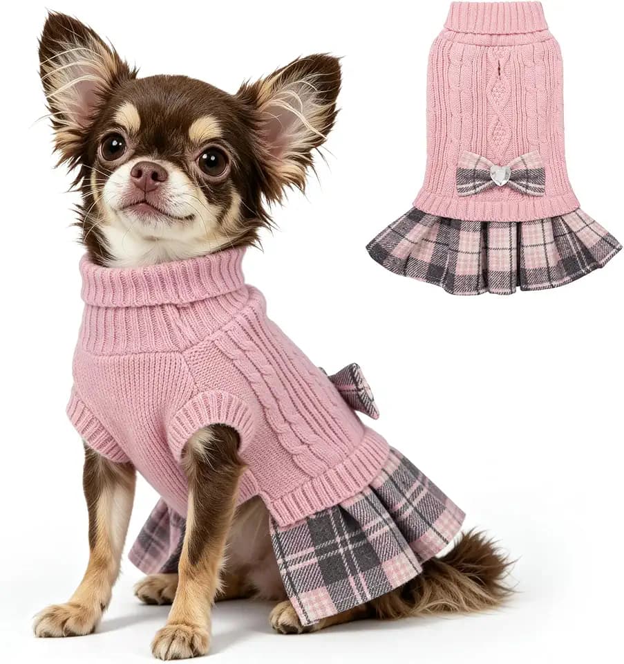 YUDODO Small Dog Sweater Dress with Bowtie Turtleneck - Knitted Pet Clothes