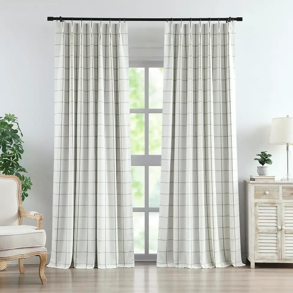 Vision Home Sage Plaid Linen Pinch Pleated Full Blackout Curtains 40Wx95Lx2