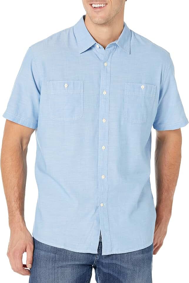 Amazon Essentials Herren Chambray-Hemd mit kurzen Ärmeln in normaler Passform