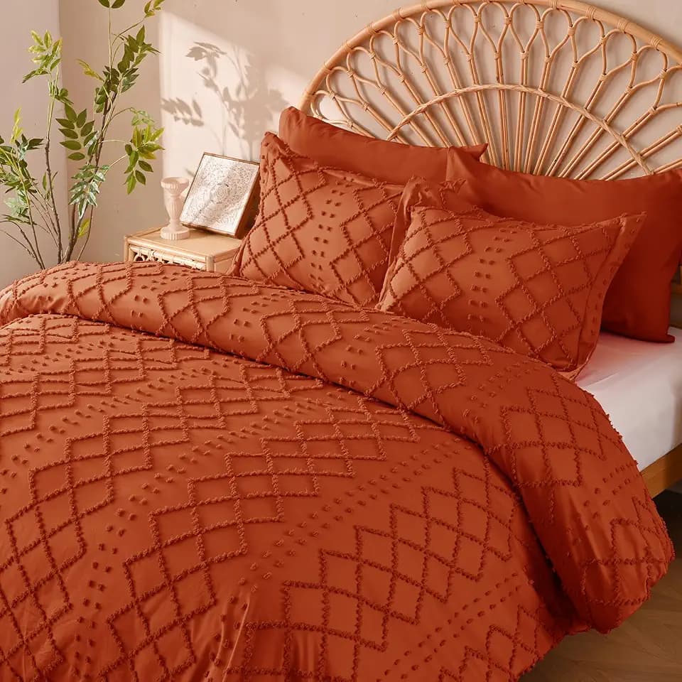 Manyshofu Burnt Orange Tufted Duvet Cover Set, 5 Piece Boho Full Bedding