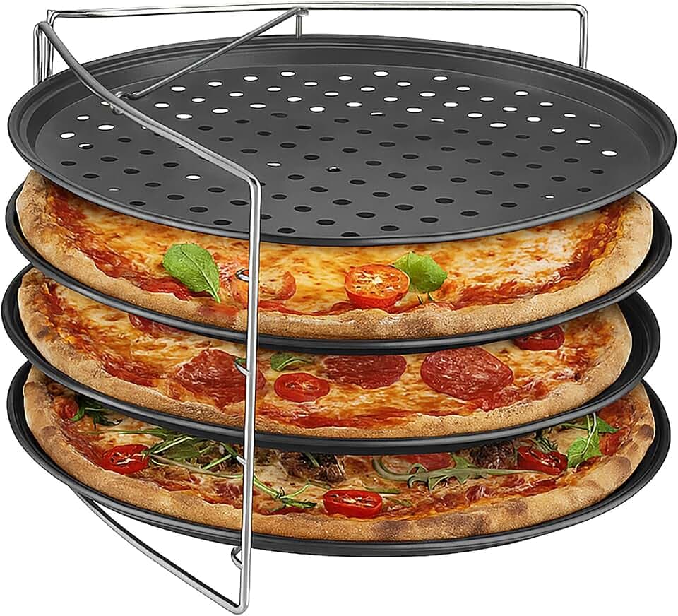 Relaxdays Pizzablech, 4er Set, mit Gestell, antihaftbeschichtet, Carbonstahl, Knusperblech mit Löchern, anthrazit/Silber