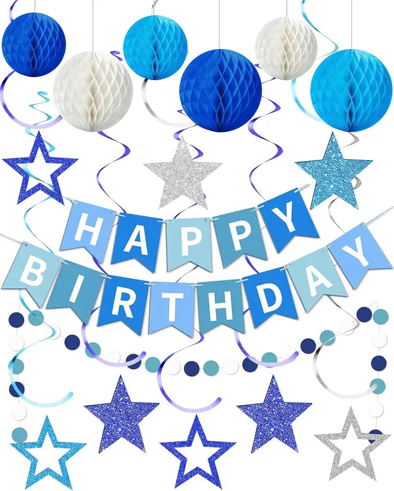 Blue Happy Birthday Decorations, Party Decorations Banners for Men Boys