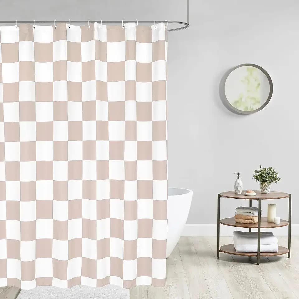 Tititex Aesthetic Checkerboard Grid Pattern Faux Linen Fabric Shower Curtain, White Cream Modern Shower Curtain Sets Decoration 60x71 Inch with 12 Hooks