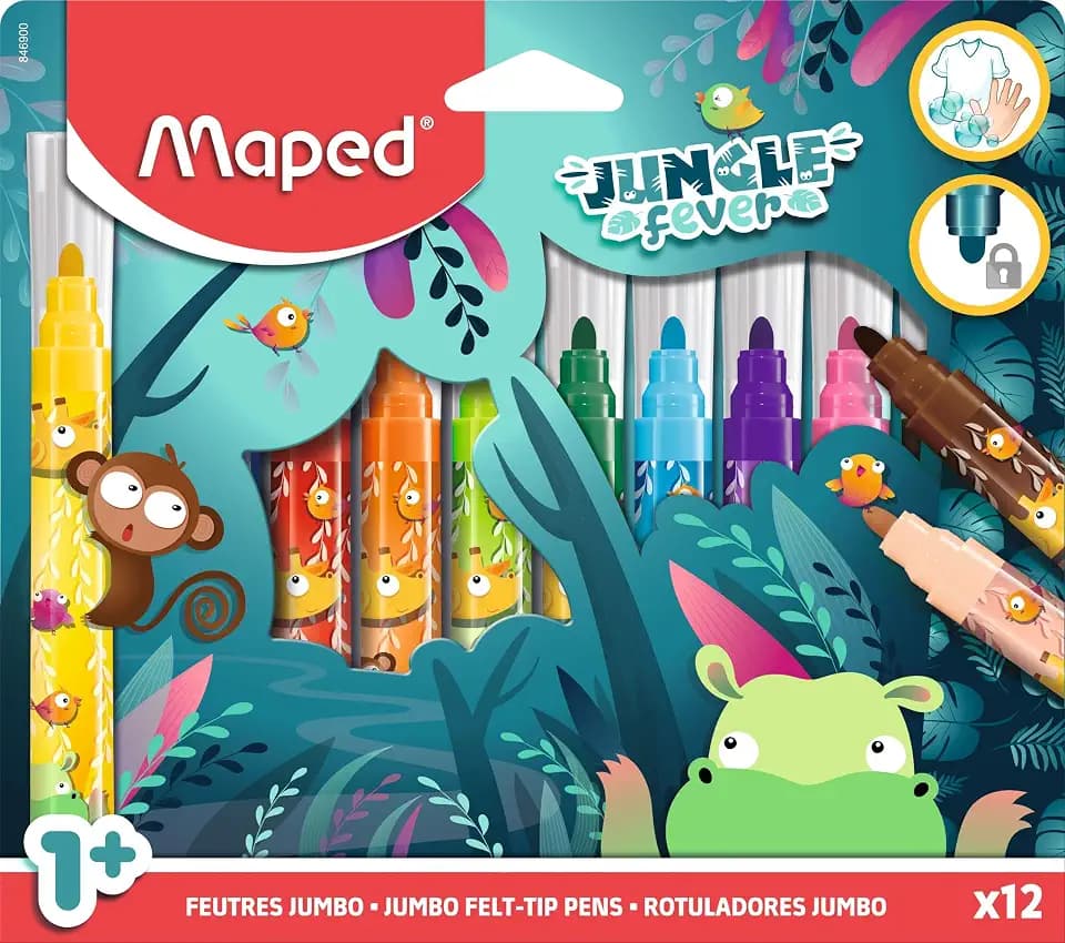 Maped - Kinderfilzstifte JUNGLE FEVER JUMBO - für die Kleinsten geeignet - ab dem 1.Lebensjahr - großer Durchmesser - sichere, blockierte Spitze - abwaschbar