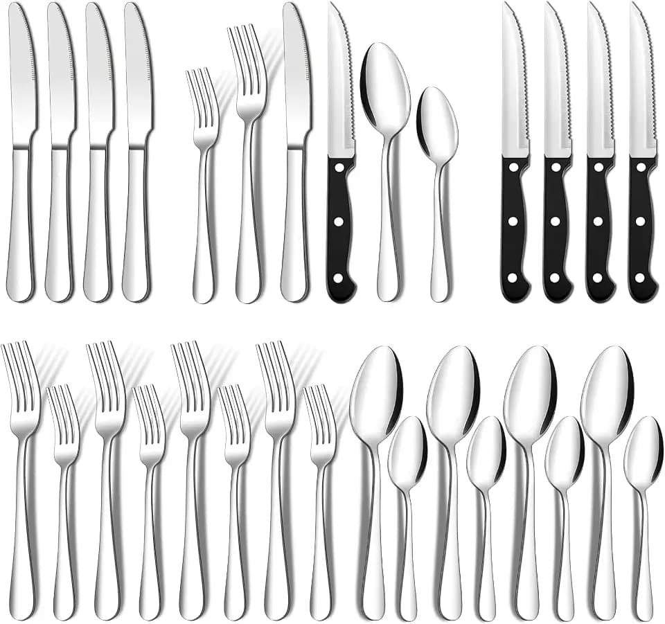 ENLOY 24 Piece Silverware Set with Steak Knives, Flatware Set for 4