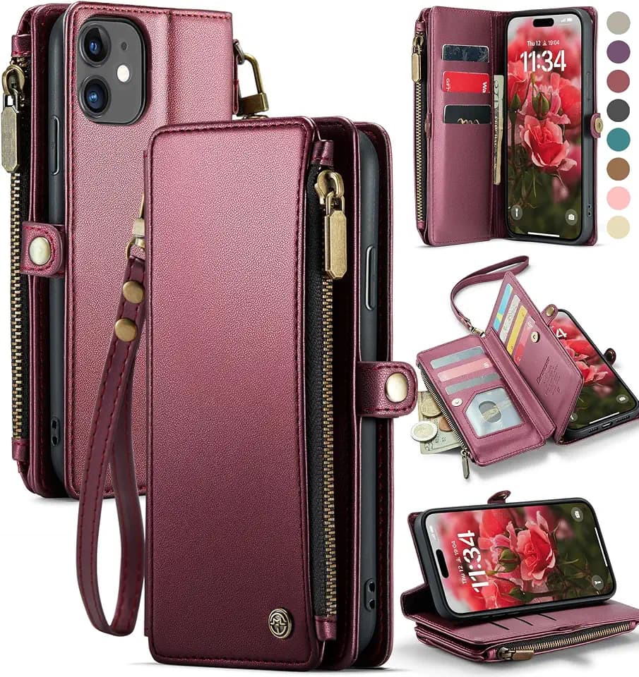 Defencase for iPhone 11 Wallet Case with RFID Blocking Card Holder, WineRed
