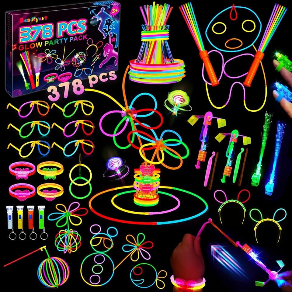 Besdiyart 378 Stück Knicklichter Party Set, Leuchtstäbe mit 200 Verbinder, Leuchtspielzeug Schleuder, Leuchtstab Glasfzaser, Leucht Brille, Armreif, Leuchtspielzeug für Festival Hochzeiten Geburtstag
