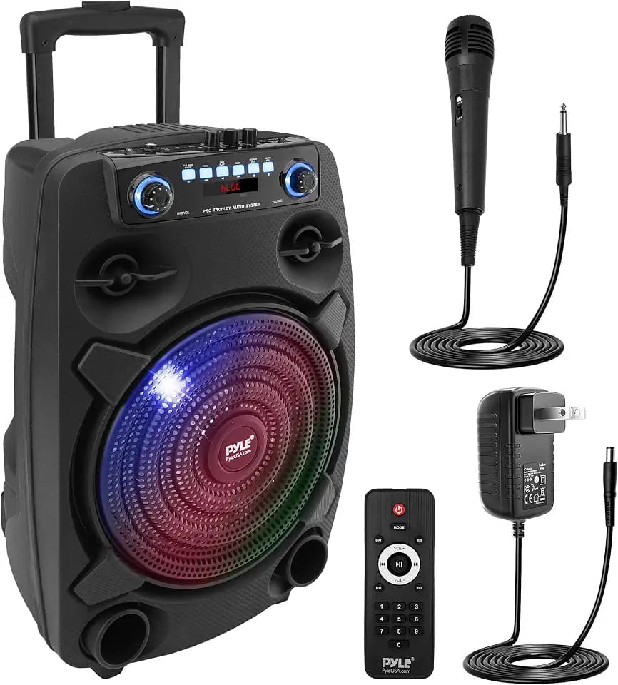 Pyle Portable Bluetooth PA Speaker System - 800W 12” Outdoor Bluetooth Speaker Portable PA System - Party Lights, USB SD Card Reader, FM Radio, Rolling Wheels - Wired microphone, Remote - PPHP127B