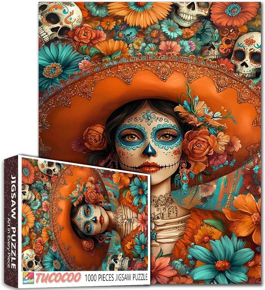 Beautiful Woman Sugar Skull Makeup 1000 Pieces Jigsaw Puzzle for Adults Students Colorful Flowers Skulls Background 20×27 Inches Day of The Dead Inspired Fun Relaxing Home Decor Gift