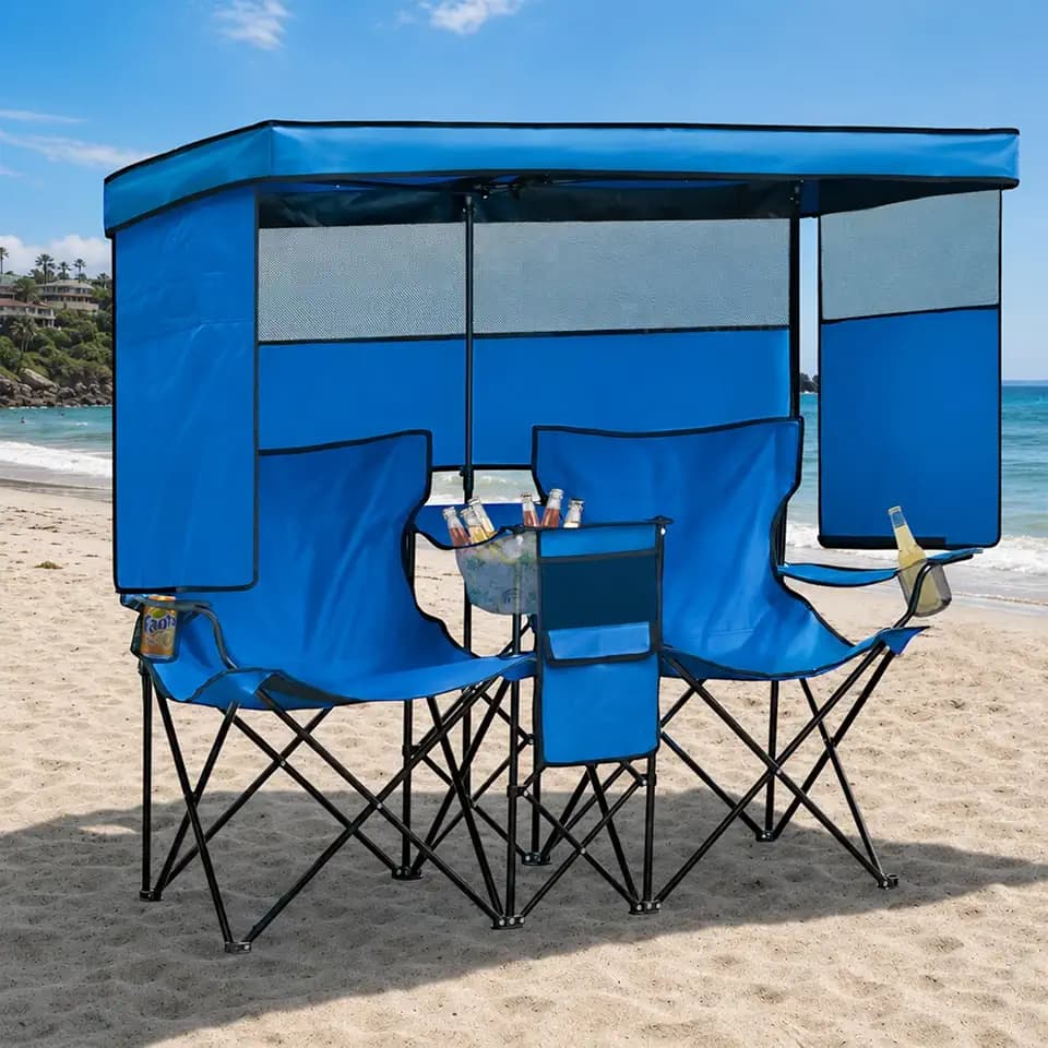 Double Beach Chair with Canopy Shade Oversized Camping Chairs with Canopy, Cooler Bag & Cup Holder Folding Loveseat for Camp Fishing Beach
