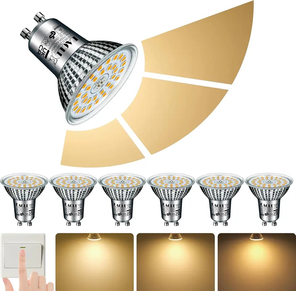 EACLL GU10 LED Warmweiss 10W 3-Stufen Dimmbar über Lichtschalter, 6 Stück. 940 Lumen 3000K Ersetzt 125W, 3 Helligkeitsstufen mit Memory-Funktion, 3-in-1 Flimmerfrei Reflektorlampe, Dimmen ohne Dimmer