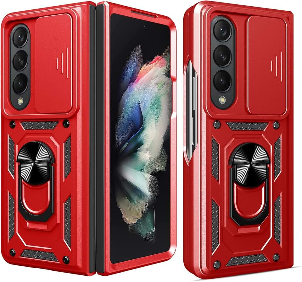ESTH® Hülle für Samsung Galaxy Z Fold4 mit Slide Camera Cover [Kameraschutz] [Ring Ständer] [Case Kompatibel Mit Magnetischer Autohalterung] Stoßfeste Handyhülle, Rot