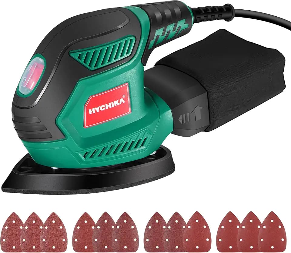 HYCHIKA Multischleifer, Deltaschleifer 200W, mit 12 Schleifblätter (Körnung 80/120/240), 14000 U/min, Klettfix-System, Staubsaugbeutel, Schleifmaschine für Ecke & Kante, Metal & Holz