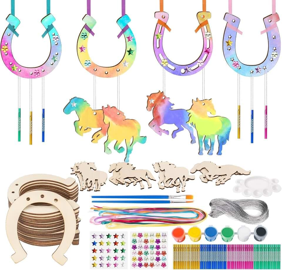 estcoo 28 Stück Hufeisen Holz Bastelset,Windspiel Bastelset Kinder DIY Set