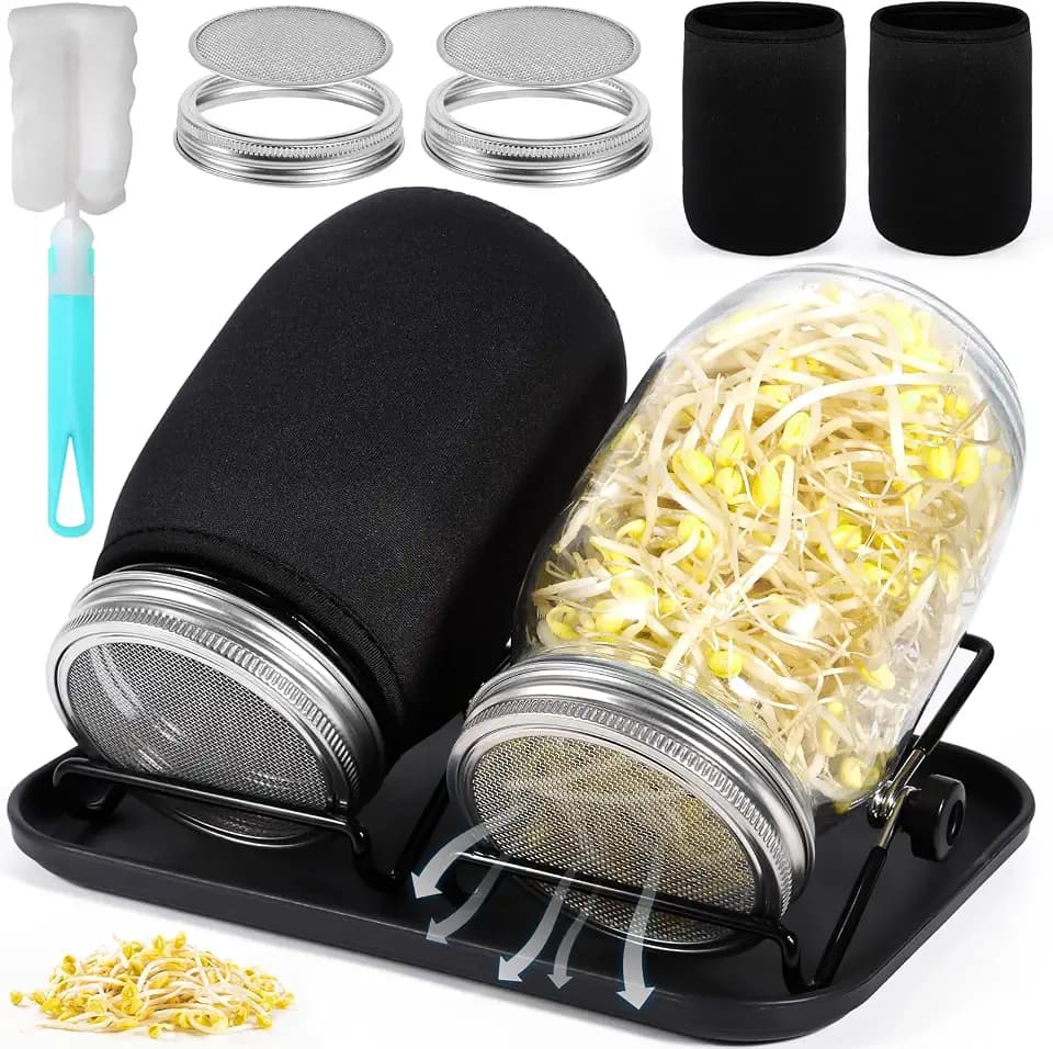 MOYKSRR Sprossen Keimglas 2er Set, Sprossenglas Keimglas, 1000ml Sprouting Jar zum Sprossen mit 1 Tablett,2 Einstellbare Halterung,2 Verdunklungshülle,2 Filtergitterabdeckungen aus Edelstahl,1 Bürste