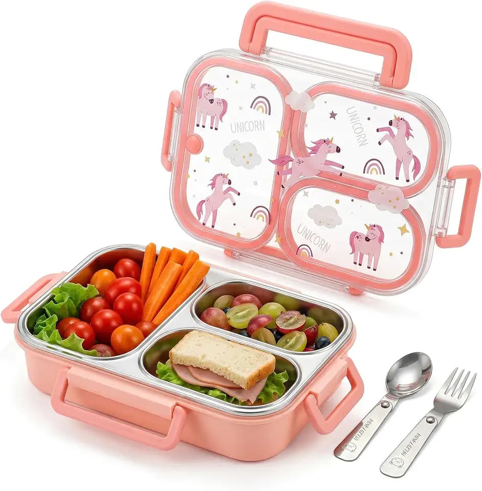 Microwavable 304 Stainless Steel Bento Box With Utensils, Metal Lunch Container With 3 Compartments, Leak Proof Lunch Box, Portable Concealed Handle, BPA Free, Dishwasher Safe [Unicorn]
