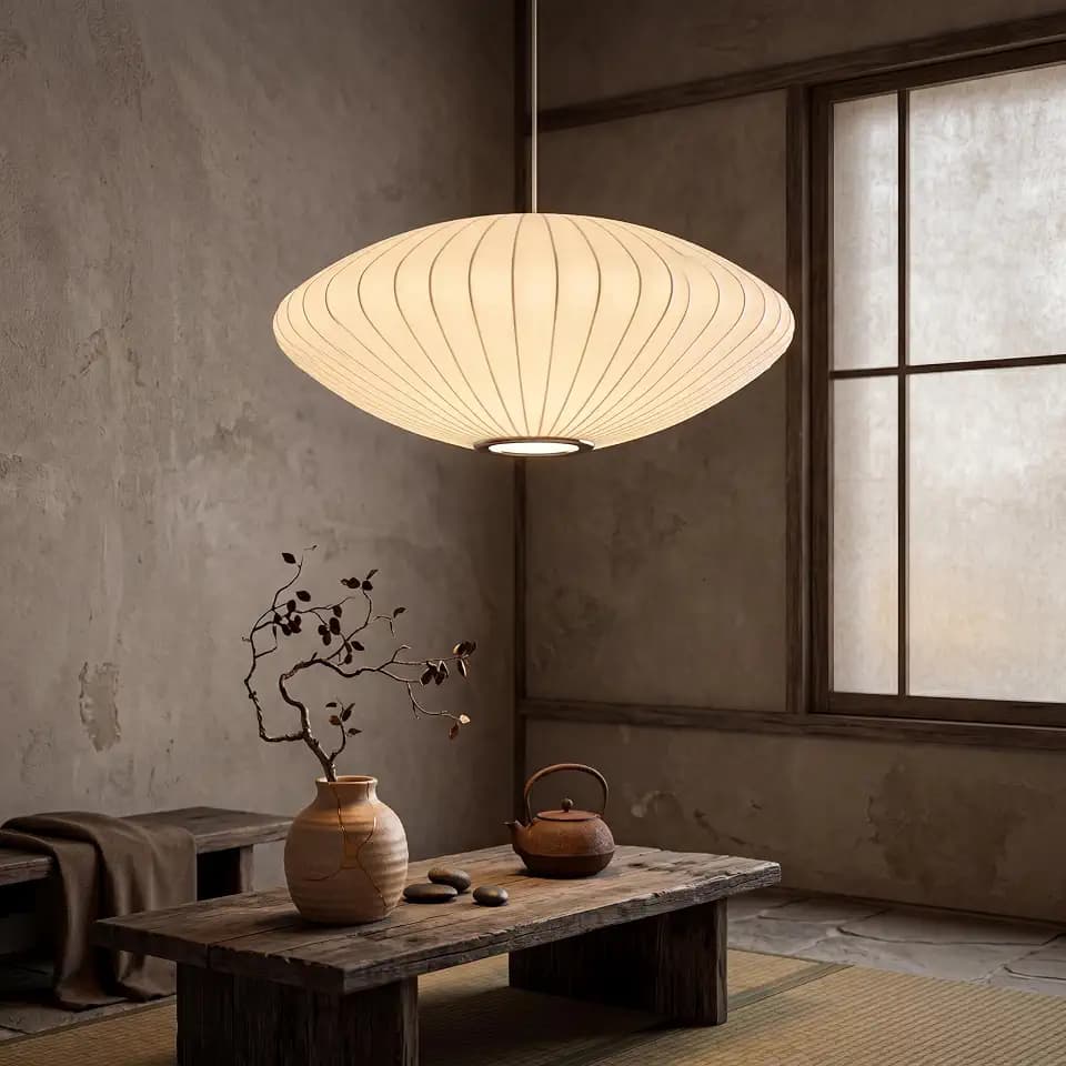 ziidoo Lantern Pendant Light Imitation Silk Chandelier，15.7in White Wabi Sabi Light Fixture Round Modern Adjustable 3000K Hanging Lights for Kitchen Dining Room Living Room Restaurant