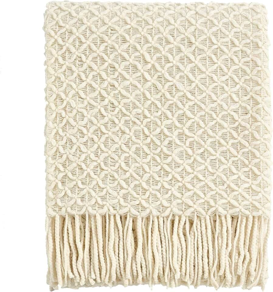 CREVENT Farmhouse Boho Strickdecke für Couch, Sofa, Sessel, Bett, Wohnraumdekoration, weich, warm, gemütlich, leicht, für Frühling, Sommer, Herbst (127 cm x 152 cm, beige)