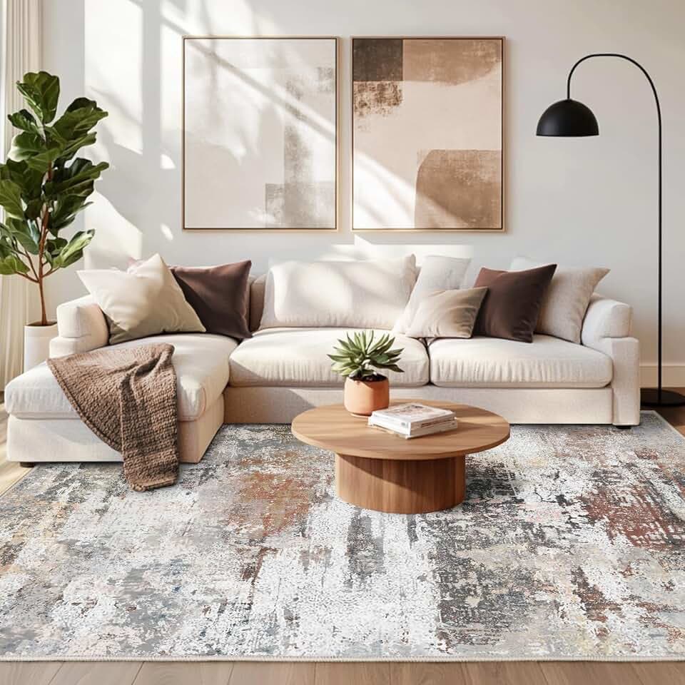 Teppich Wohnzimmer Kurzflor 120x160, Schlafzimmerteppich Waschbar rutschfest, Weich Moderner Abstraktem Teppich für Schlafzimmer Kinderzimmer Büro Dekor Esszimmer, Grau Rost Beige