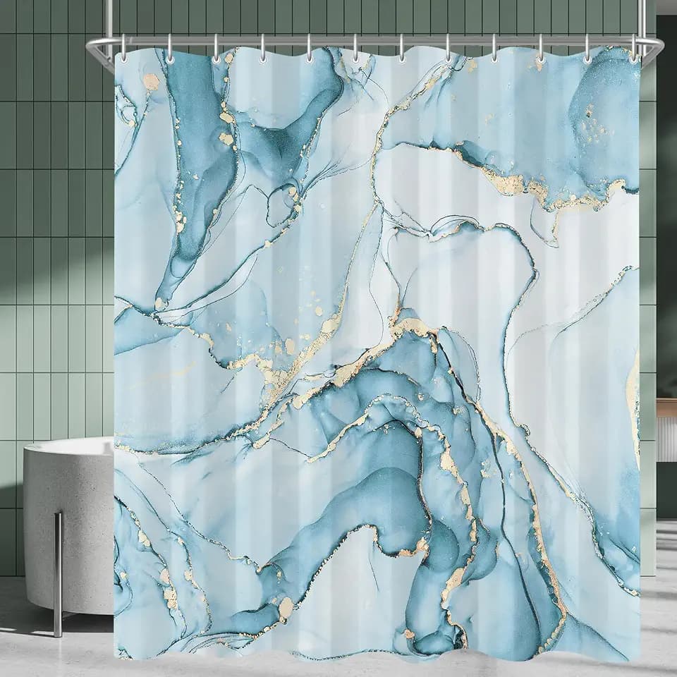 Lerores Duschvorhang 180x200 cm Hellblau Marmor, Beschwerter Saum Antischimmel, Wasserabweisend, Waschbar Polyester Badevorhänge mit 12 Ösen und Duschvorhangringen für Badezimmer, Badewanne