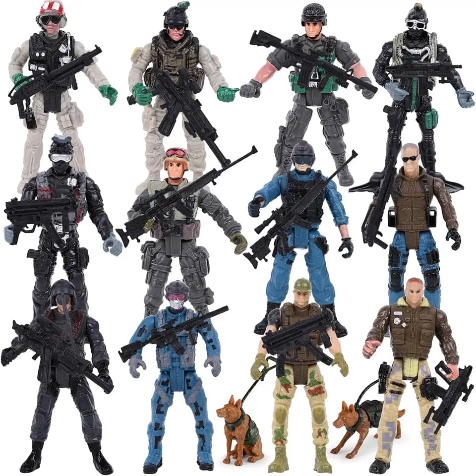 3 otters 12PCS Army Men Set with 2 Military Dogs, 6 Weapons Accessories