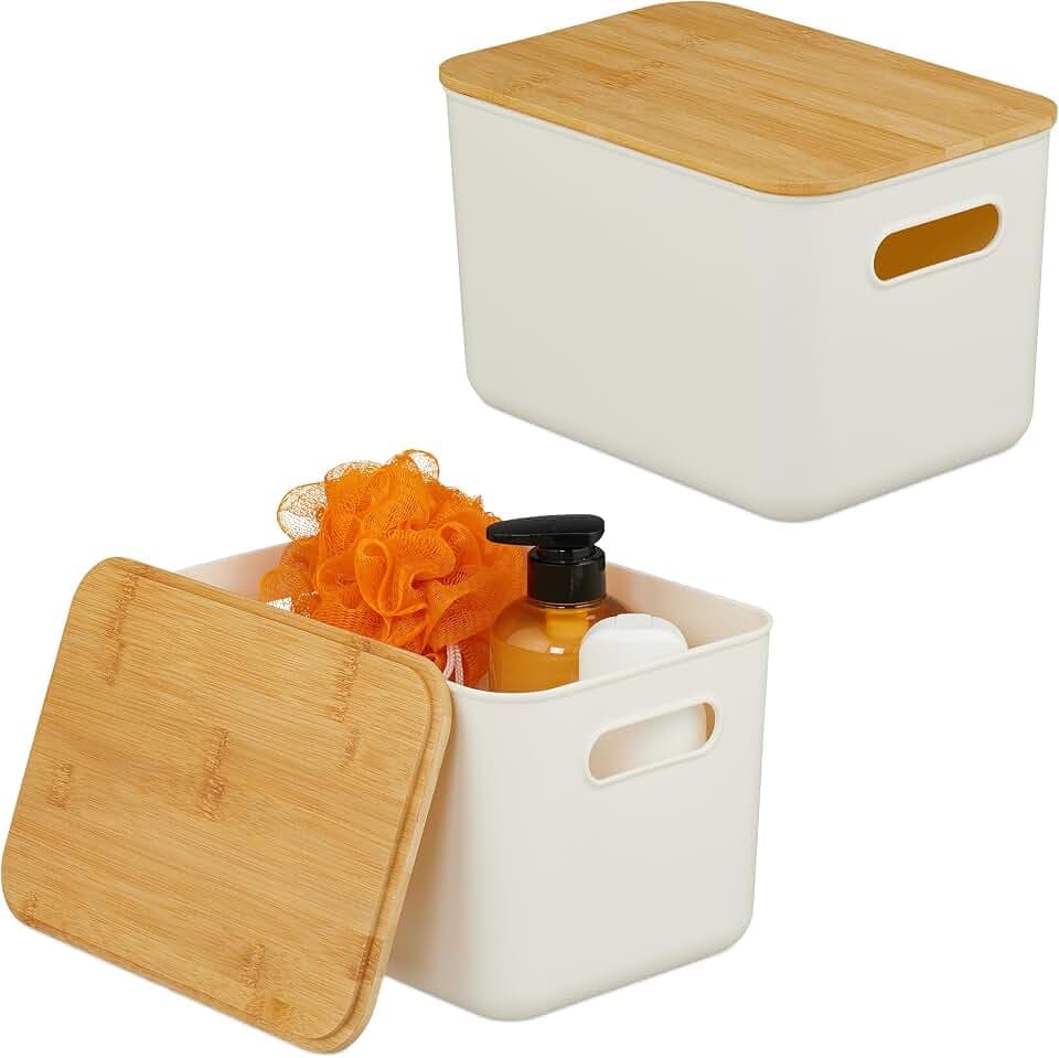 Relaxdays Aufbewahrungsbox, 2er Set, Deckel, Kunststoff, Bambus, Griff, HxBxT: 16 x 26 x 17,5 cm, Organizer, Farbwahl
