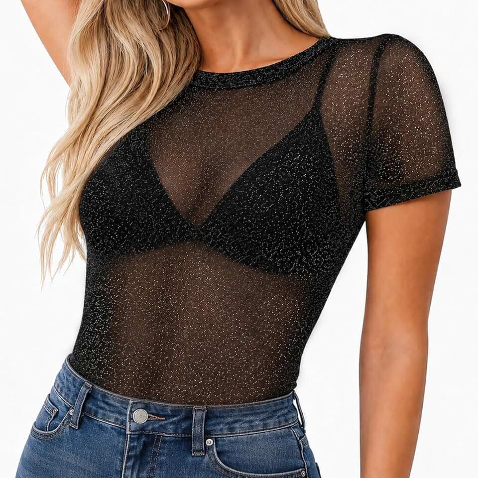 Sunshine smile Glitzer Oberteile Damen,Glitzer Mesh Oberteile Damen,Transparent Netz Oberteil,Schwarz Mesh Tops,Transparentes Durchsichtige Tops mit Sterne,Sexy Durchsichtig Langarm Bluse für Karneval