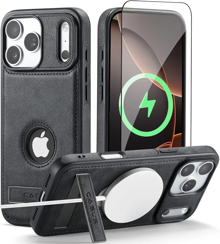 Casus Designed for iPhone 17 Pro Max Case Compatible with MagSafe Kickstand Vegan Leather Classic Luxury Elegant Thin Protective Cover with Tempered Glass Screen (2025) 6.9" - Black