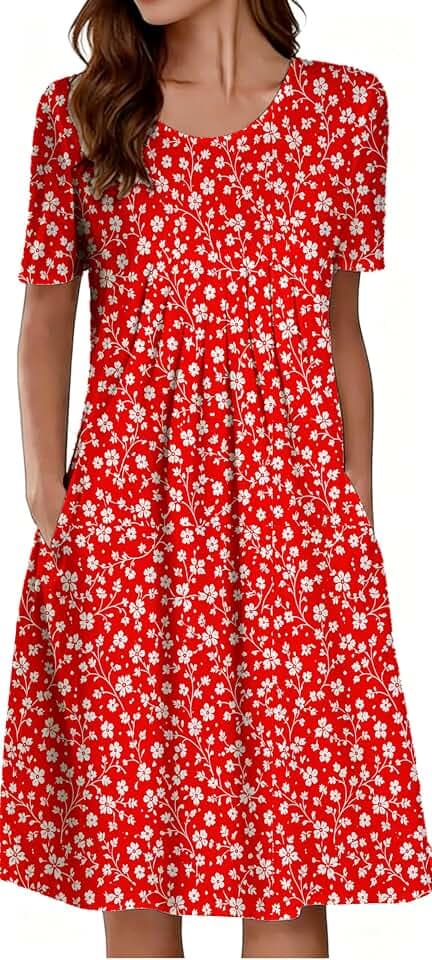 Kubsid Summer Dresses for Women 2026 Casual Short Sleeve Knee Length T-Shirt Dress Loose Swing Boho Midi Dress with Pockets