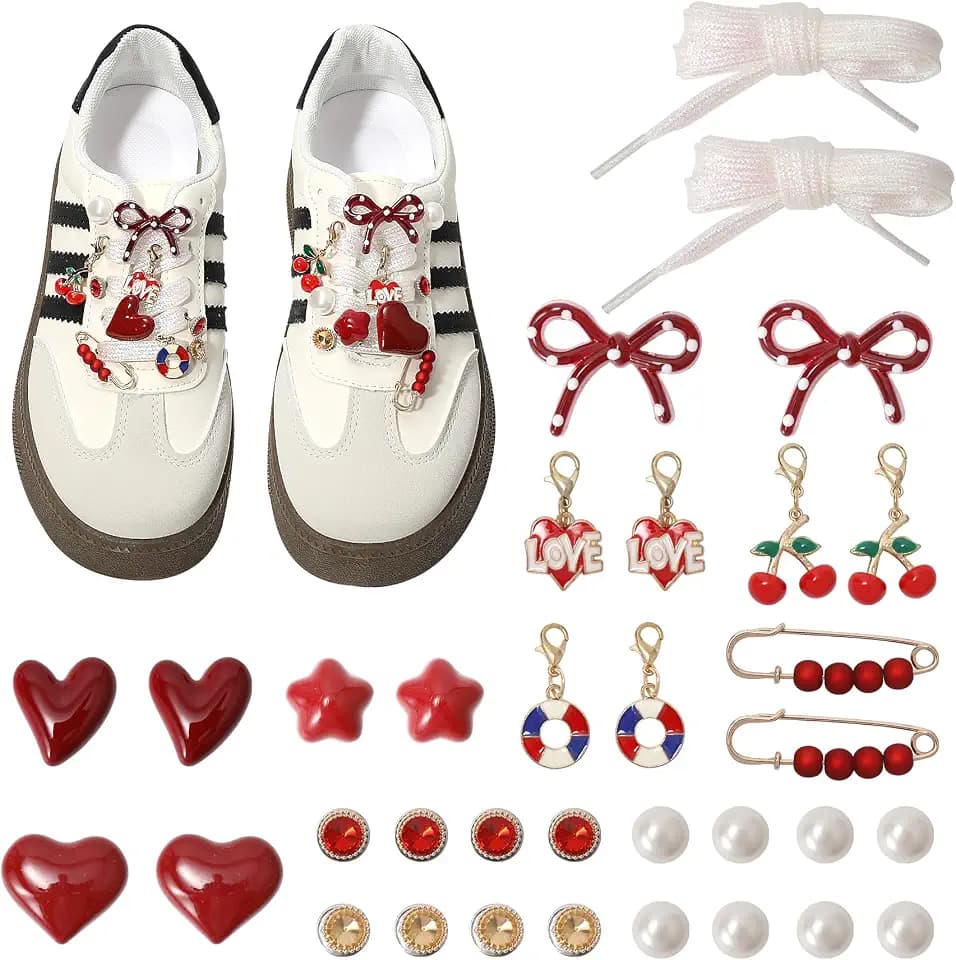 34Pcs Flower Shoe Charms for Sneakers Girls, Shoe Lace Charms Clips, Pearl Bows DIY Shoelace Charms, Junk Socks Charms Kit for Women, Jewelry Making Kits