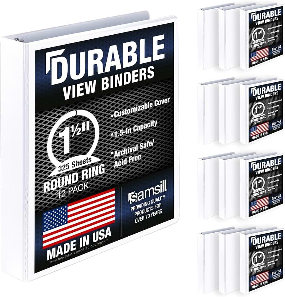 Samsill 12 Pack Durable 1.5 Inch 3 Ring Binders, Round Ring, Clear View Cover for Presentations, White
