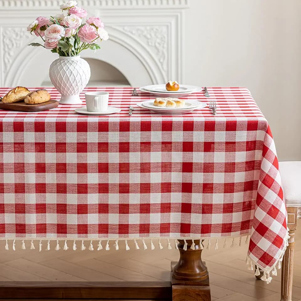 Checkered Tablecloth Rectangle Cotton Linen Gingham Table Cloth with Tassel Washable Wrinkle Free Heavy Duty Buffalo Plaid Table Cover for Dining/Party/Picnic (Red, 55" x 120" (Rectangular))
