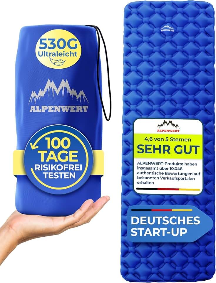 Alpenwert® Isomatte Outdoor [Kleines Packmaß & Ultraleicht] – Testsieger 2026 – 100 Tage risikofrei testen – Aufblasbare Schlafmatte & Luftmatratze für Camping, Wandern, Trekking & Backpacking*