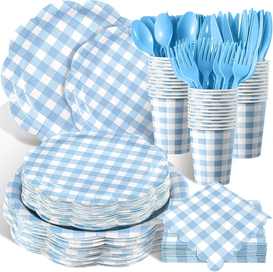Funnymoom 400 Pcs Gingham Party Supplies for 50 Guests Light Blue and White Paper Plates and Napkins Knives Spoon Fork Cup Disposable Checkered Dinner Party Set Cutlery for Baby Shower Wedding Favor