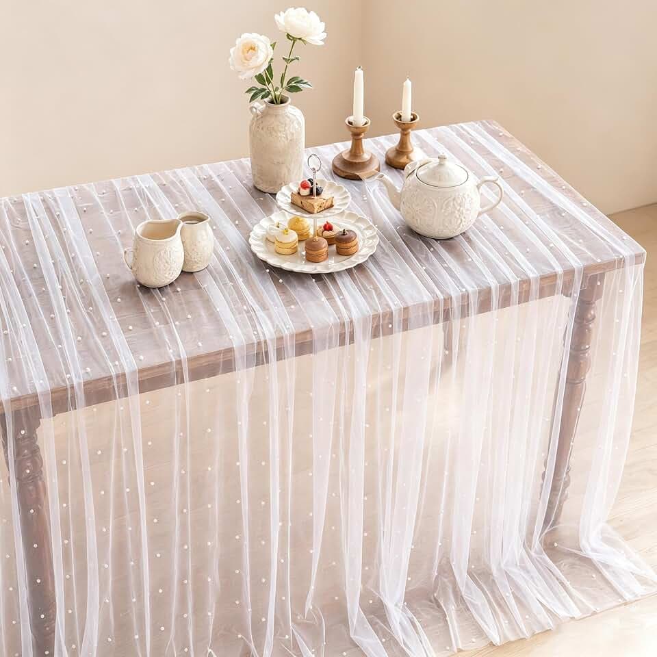White Pearl Table Cloth Wedding Table Decor Tulle Table Runner 60x120Inch