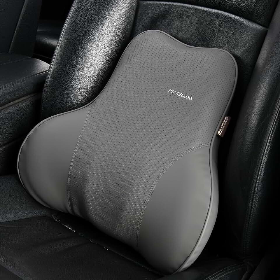 Coverado Lumbar Support Pillow for Car Seat Driver, Leather Car Seat Cushions for Driving Back Pain, Detachable Memory Foam Upper Lower Car Back Support Gray