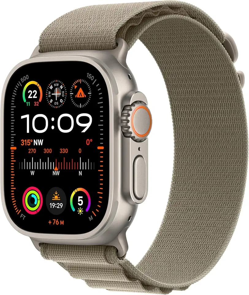 Apple Watch Ultra 2 (GPS + Cellular, 49 mm) Smartwatch mit robustem Titangehäuse und Alpine Loop Armband (Large) in Olivgrün. Fitnesstracker, präzises GPS, extra Lange Batterielaufzeit, CO₂ neutral