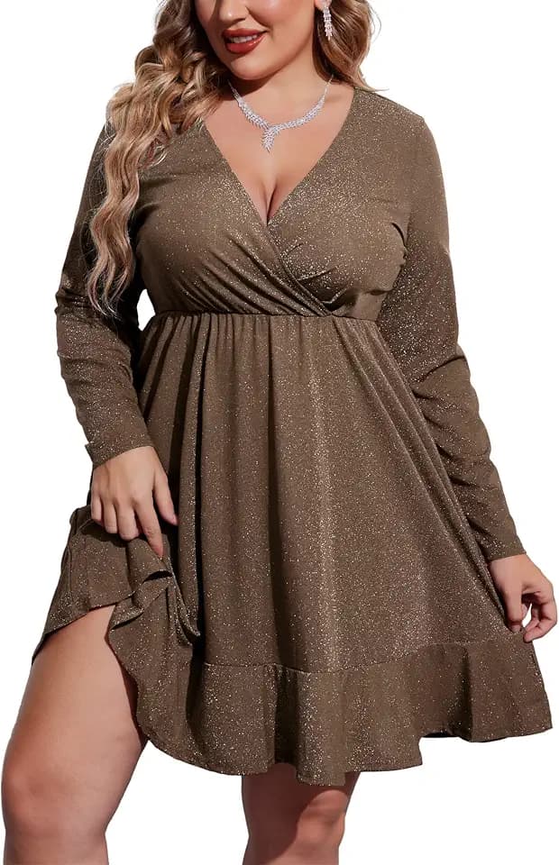IN'VOLAND Plus Size Womens Glitter Dress Vneck Long Sleeve Cocktail Dresses