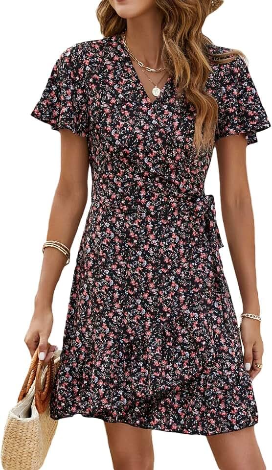 Naggoo Women's Summer Wrap Dresses V Neck Polka Dot Print Ruffle Short Sleeve Mini Floral Boho Dress with Belt