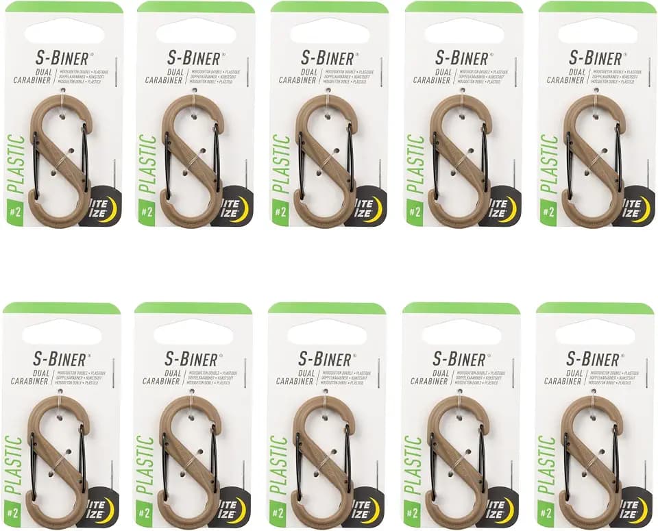 Nite Ize S-Biner Dual Carabiner Plastic - Durable Dual Carabiner with Wire Gate Closure for Organizing Keys & Keychain Attachments - Size 2, Coyote (10 Pack)