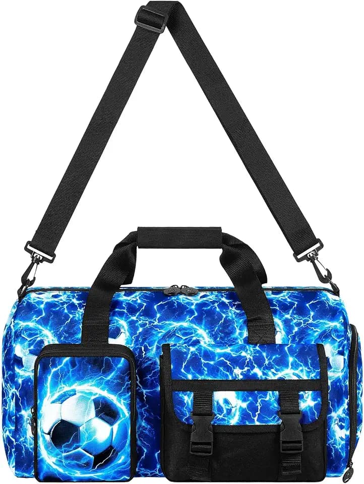 Kids Soccer Duffle Bag for Boys, Lightning Water-Resistant Travel & Weekender Bag with Shoe Compartment for Sports, Gym & Sleepovers