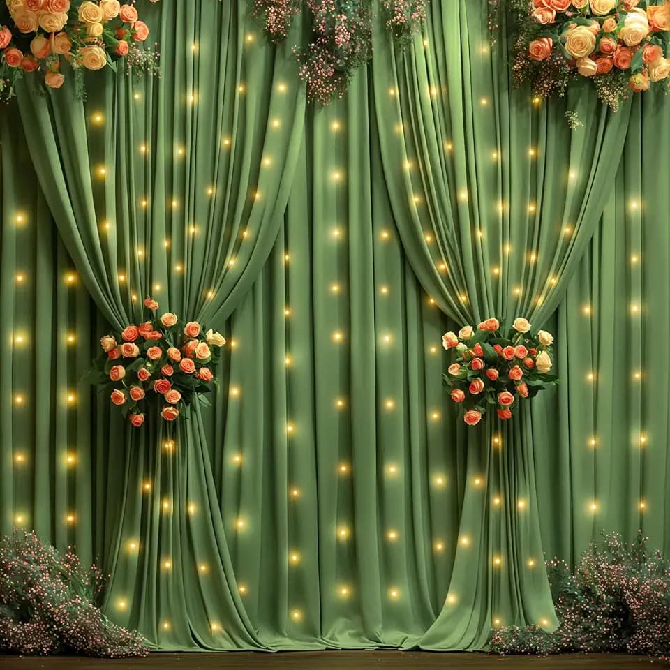 10x10ft Olive Green Backdrop Curtains with Lights Photo Drapes Wrinkle Free Fabric Backdrop Curtain for Wedding Birthday Party Baby Shower Bridal Shower Home Party Background Decorations