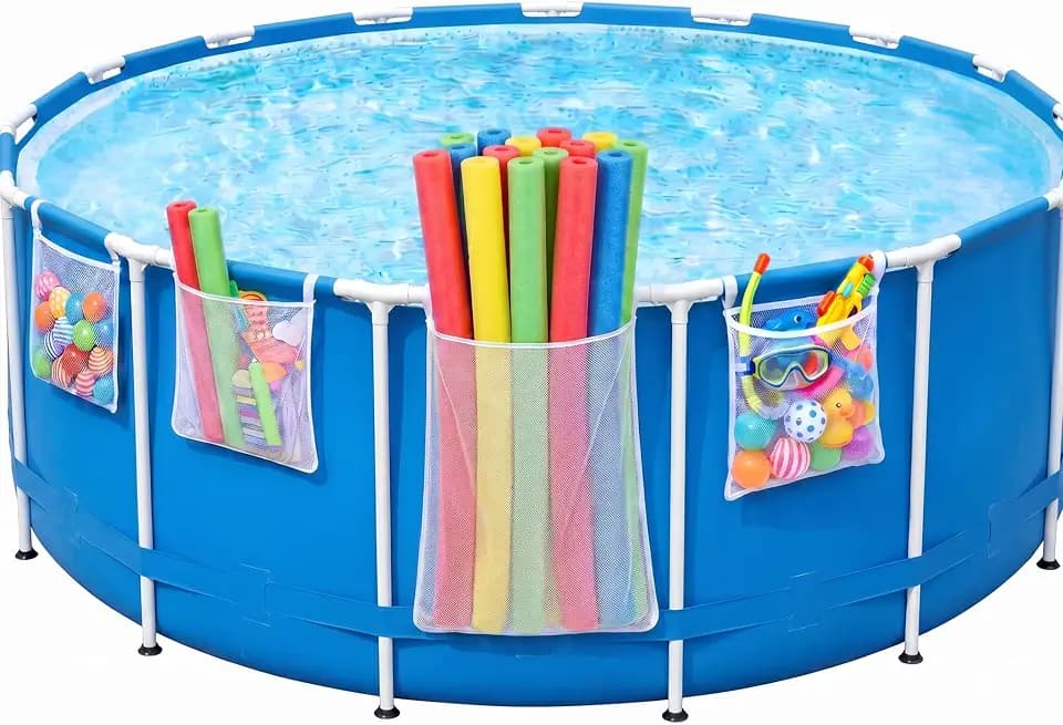 Poolside Perfection! 4-Pack Poolside Mesh Storage Bags with Adjustable Straps, 1-Second Install Above Ground. Hanging Organizer for Pool Toys, Pool Noodles, Floats, Beach Balls