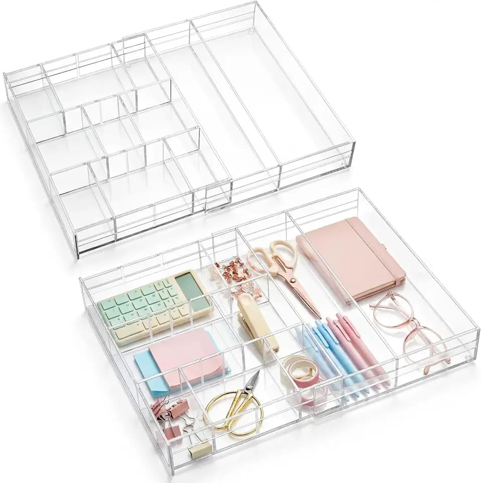 Briwooody 2 Pcs Acrylic Drawer Organizer, 11.8 x 17 x 1.9'', 7 Compartments