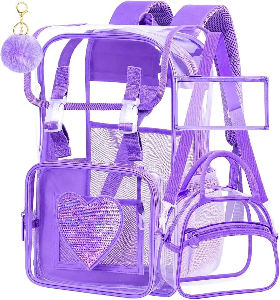 3PCS Clear Backpack, Heavy Duty Transparent Bookbag for Girls Women, Stadium Approved See Through Backpack Set (Purple Sequins)